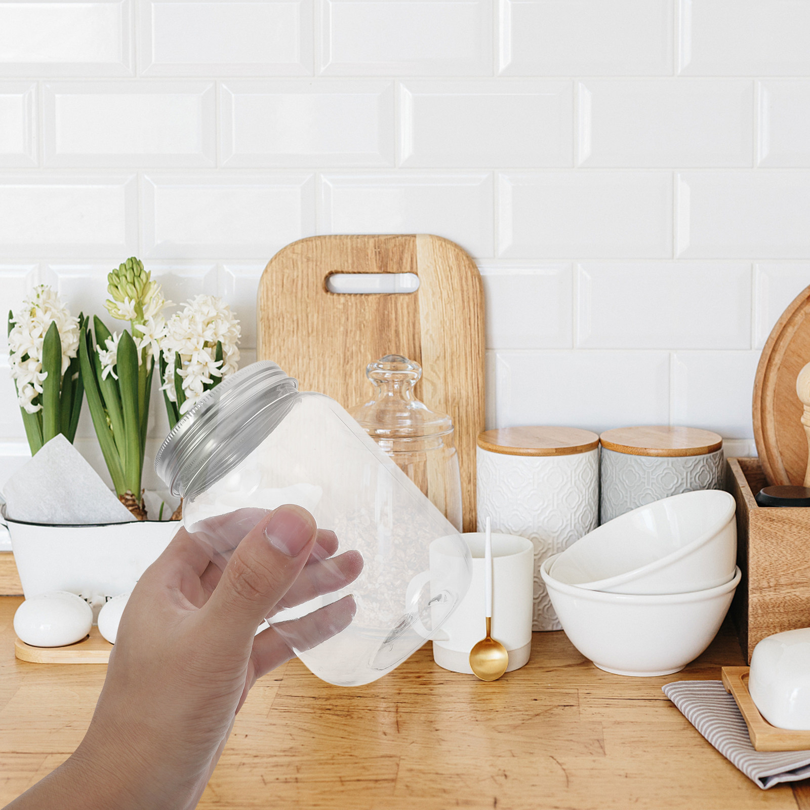 Dry Food Snacks - 4個入り透明プラスチックジャー、気密蓋付き、キッチン収納用、乾燥食品、スナック、キャンディー、スパイス、オーバーナイトオーツ、パスタ、サワードウ用