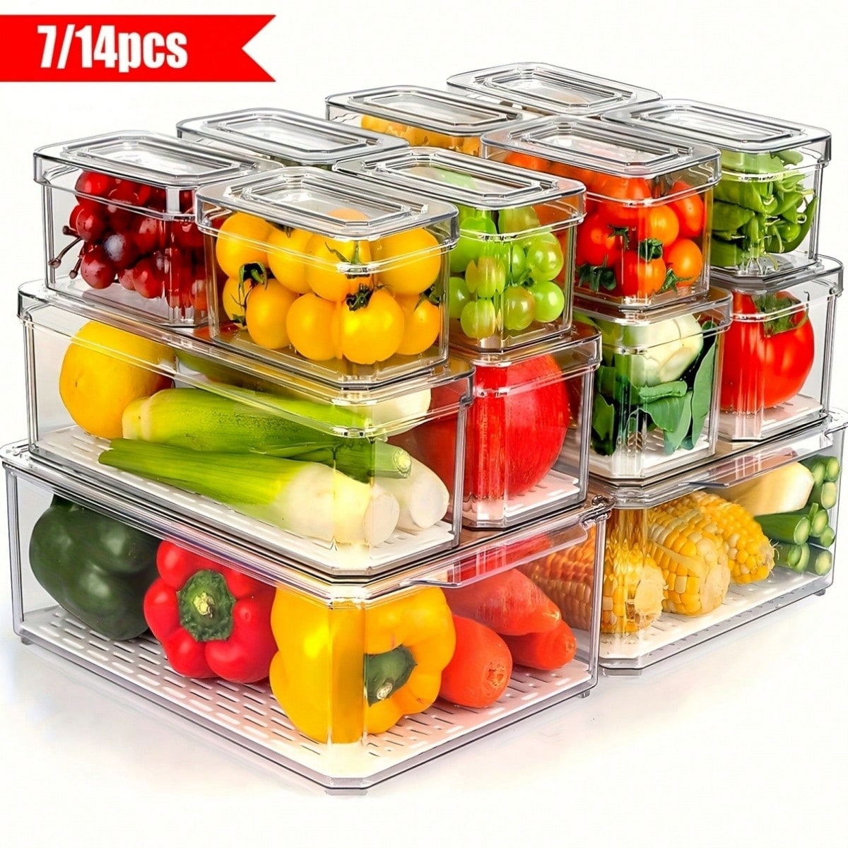 Snacks Food Usa - 7個/14個セットの積み重ね可能な冷蔵庫用収納ボックス（蓋付き）、果物、野菜、スナック、シリアル用の省スペース食品保存容器、冷蔵庫、キッチン、キャビネット用の多目的収納オーガナイザー、卒業、誕生日、パーティー、結婚式の理想的なギフト