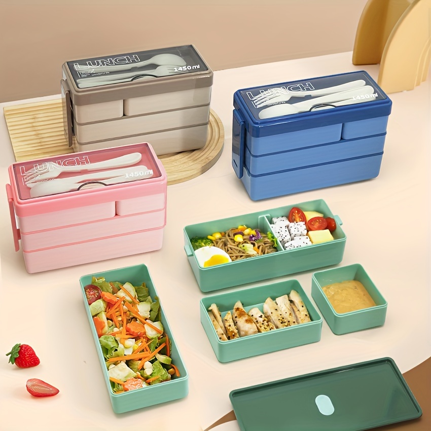 Food Xxl - カトラリー付き大容量弁当箱,多層食品保存,積み重ね可能な漏れ防止弁当容器,キッチン用品,1450ml