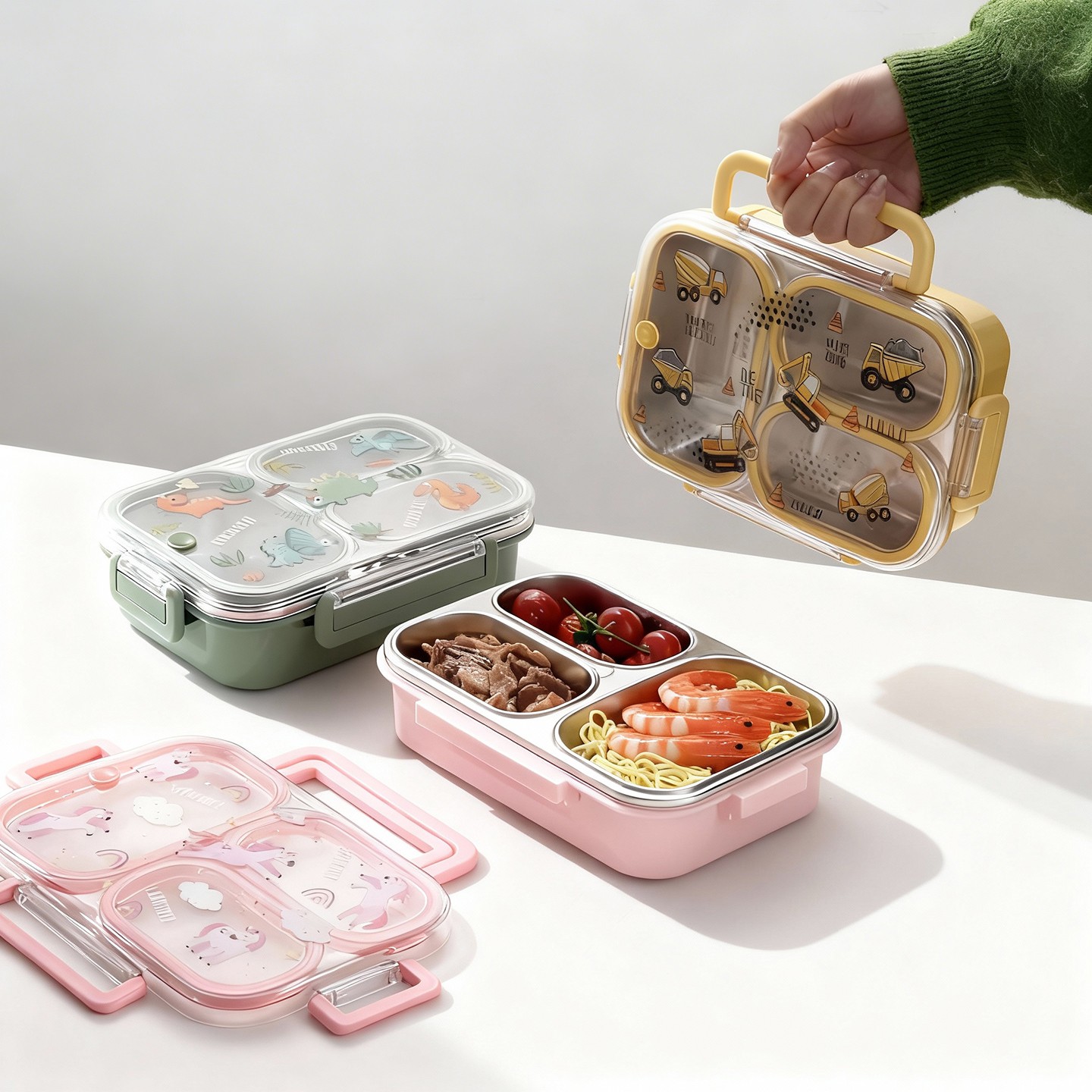 Food Xxl - 大容量漫画柄子供用ランチボックス、ハンドル付き、持ち運び可能、漏れ防止、304ステンレス鋼製、仕切り付き食品容器、加熱可能
